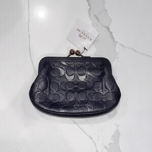 NWT Coach Signature Embossed Leather Kiss Lock Coin Purse Black